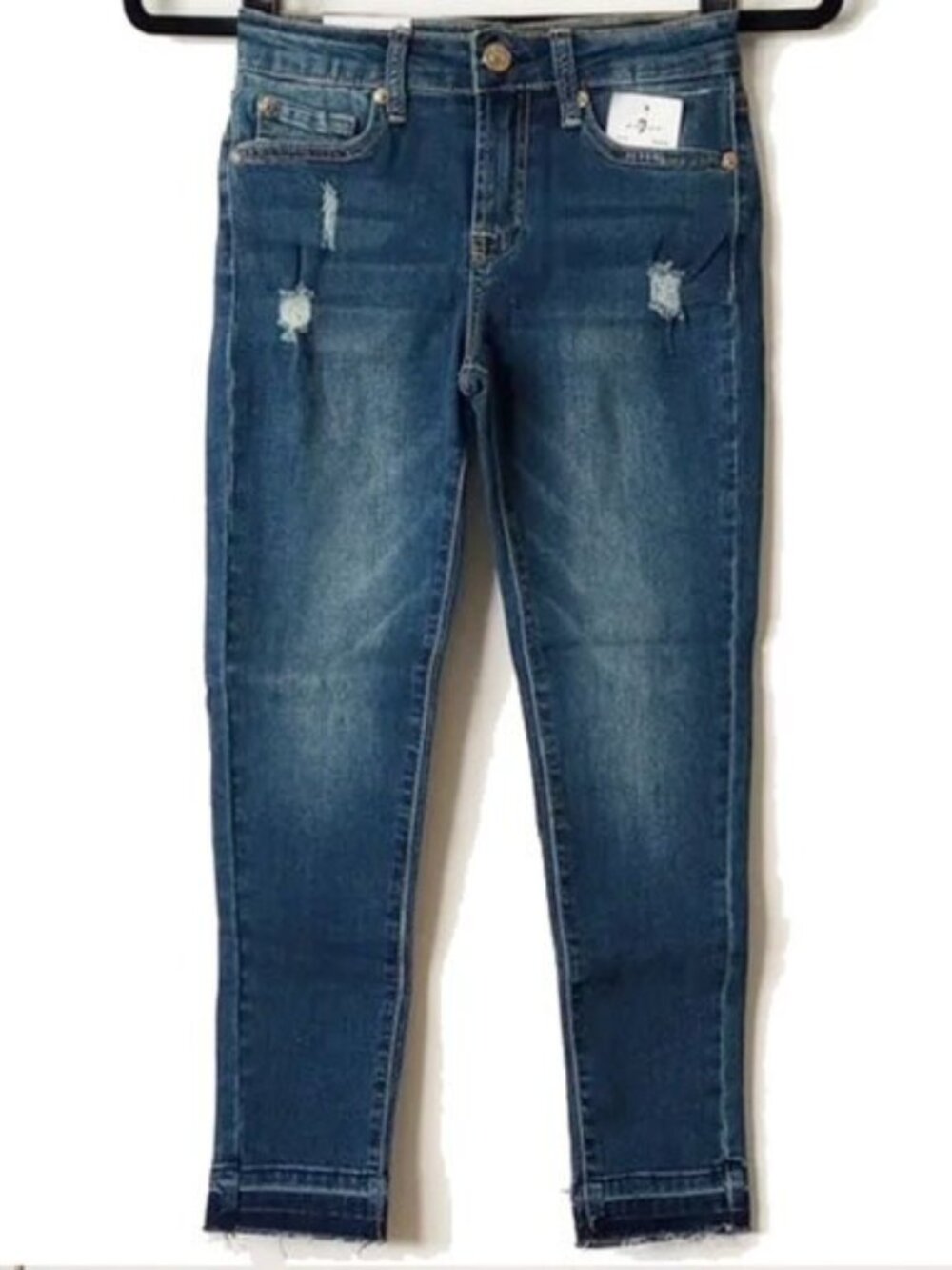 NWT 7FAM Girls The Ankle Skinny Jeans 12 Raw Hems Mid-Rise Destroyed Medium Wash